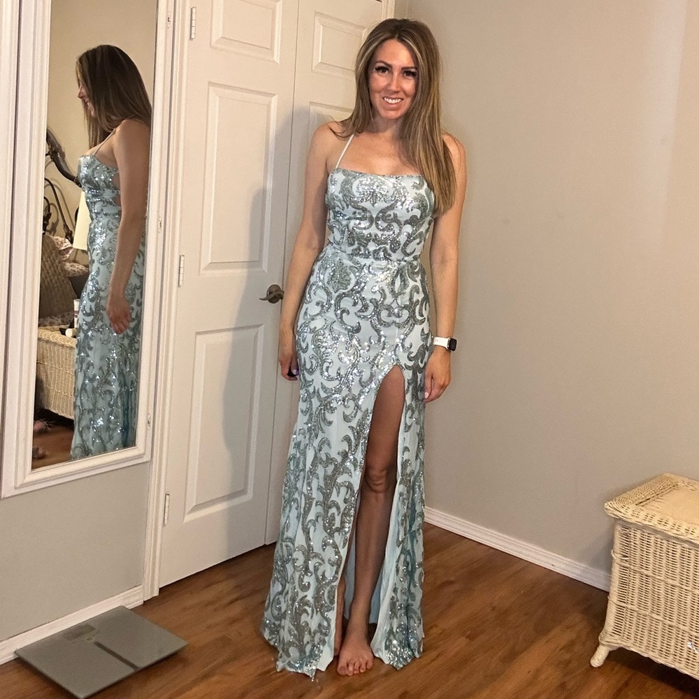Elegant Silver and Blue Prom Dress